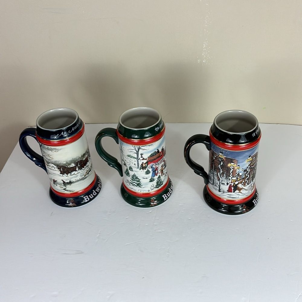 Vintage Set of 3 Budweiser Holiday Collector Series Beer Steins 1990-1992
